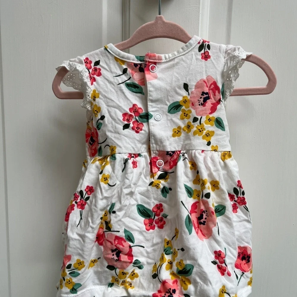 Carter’s 3M White, Pink and Yellow Floral Girls Dress with Snap Closure